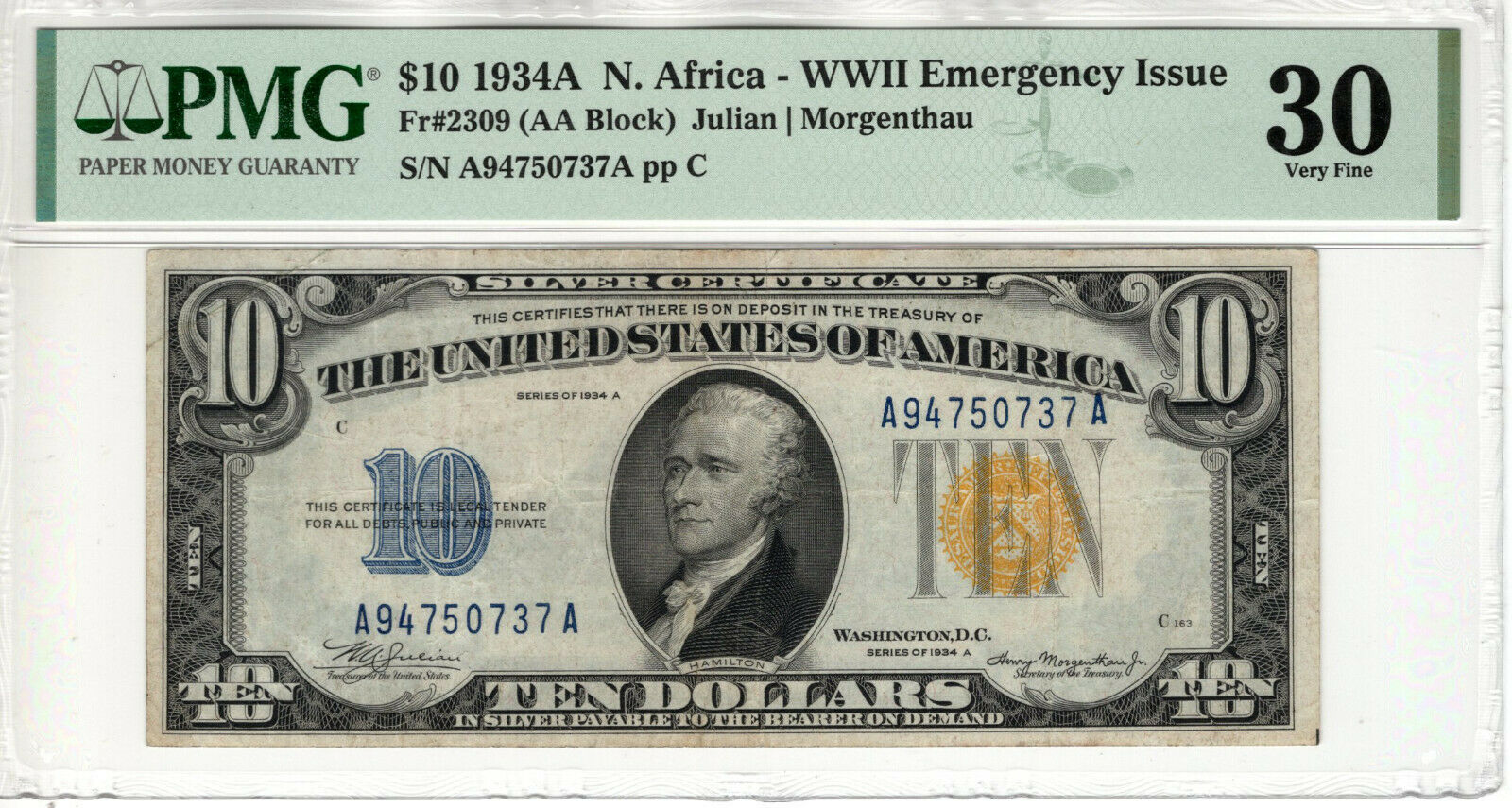 1934 A $10 Silver Certificate North Africa Fr.2309 Aa Block Pmg Vf 30 (737a)