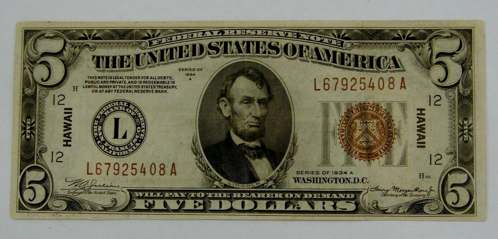 1934 A - Hawaii Emergency Issue $5 Federal Reserve Note - Avg. Circulated